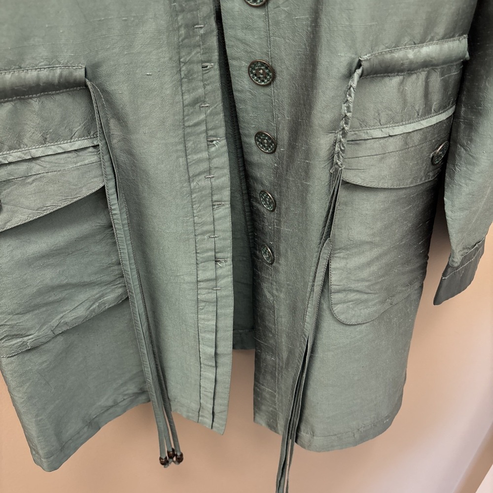 Nic & Zoe Silk Jacket Women's L Sea Green Jacket Button Up Pockets Braid Tassels - Picture 13 of 16